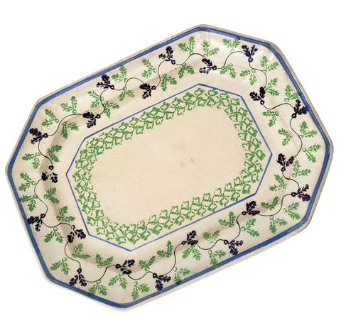 Antique Stick Spatter Octagonal Platter 13 3/8" Purple & Green Leaves