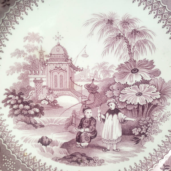 Antique Purple Transferware Dinner Plate Chinese Pastime 10 1/4"