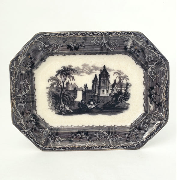 Antique Small Black Transferware Platter 10 1/2" Rhone Scenery T J & J Mayer England