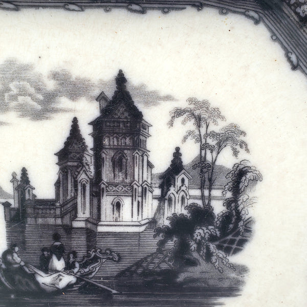 Antique Small Black Transferware Platter 10 1/2" Rhone Scenery T J & J Mayer England