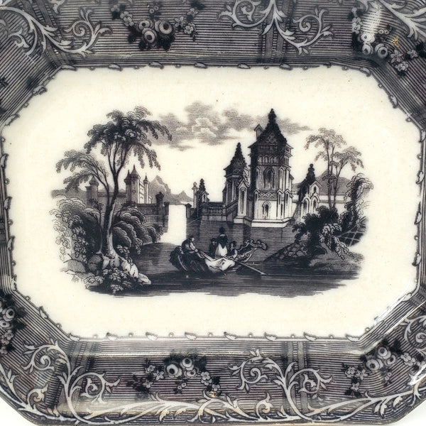 Antique Small Black Transferware Platter 10 1/2" Rhone Scenery T J & J Mayer England