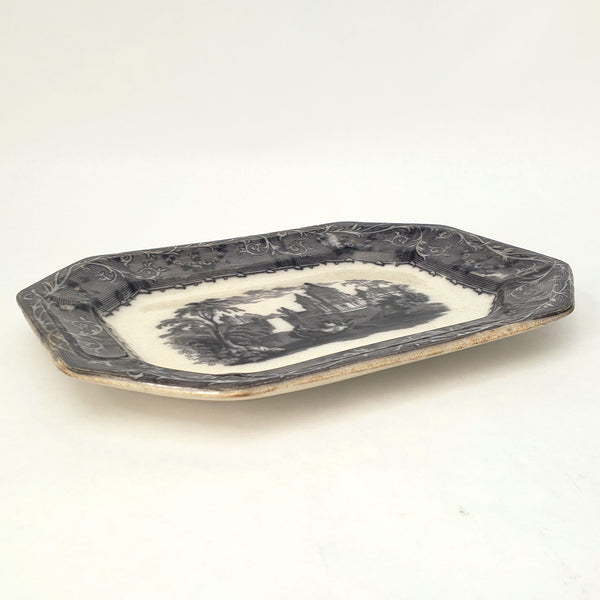 Antique Small Black Transferware Platter 10 1/2" Rhone Scenery T J & J Mayer England