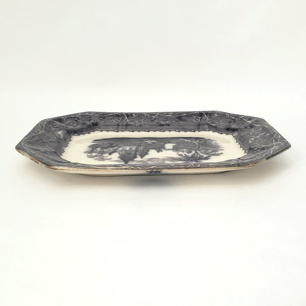 Antique Small Black Transferware Platter 10 1/2" Rhone Scenery T J & J Mayer England