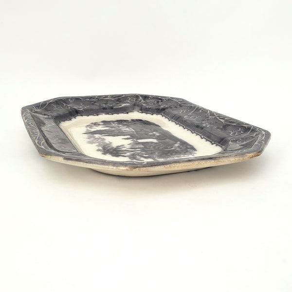 Antique Small Black Transferware Platter 10 1/2" Rhone Scenery T J & J Mayer England