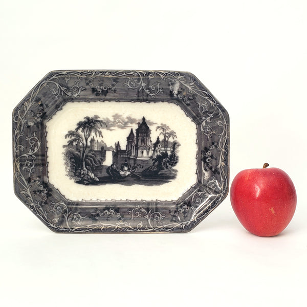 Antique Small Black Transferware Platter 10 1/2" Rhone Scenery T J & J Mayer England