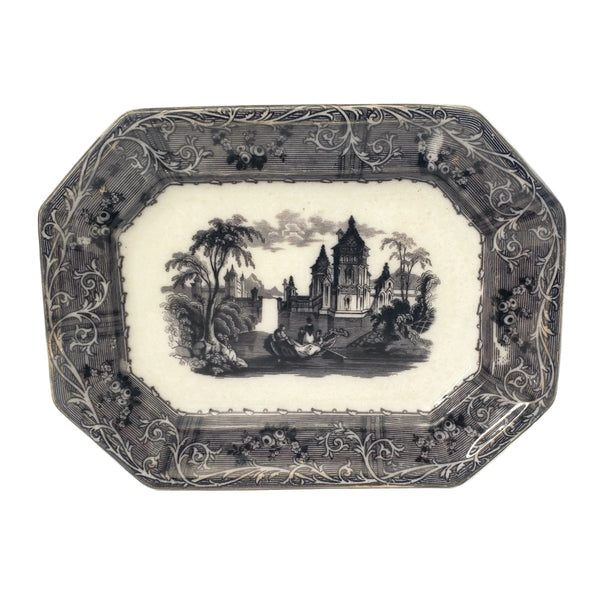 Antique Small Black Transferware Platter 10 1/2" Rhone Scenery T.J & J Mayer England