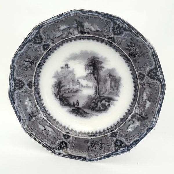 Antique Black Mulberry Transferware Rim Soup Bowl Vincennes John Alcock England