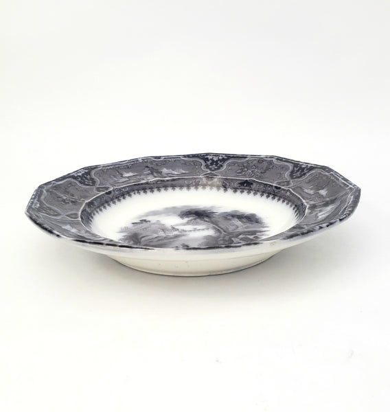 Antique Black Mulberry Transferware Rim Soup Bowl Vincennes John Alcock England