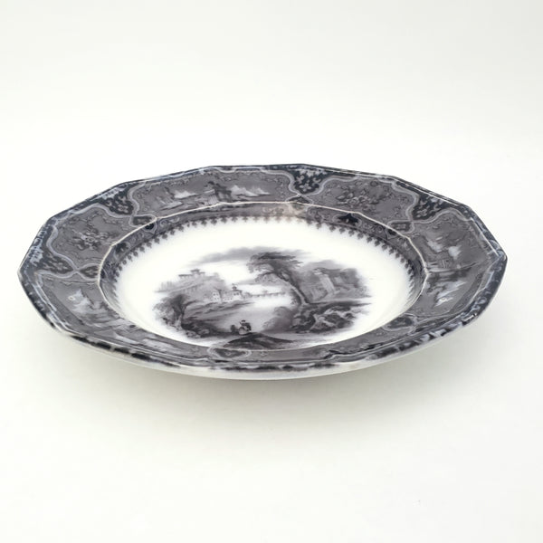 Antique Black Mulberry Transferware Rim Soup Bowl Vincennes John Alcock England