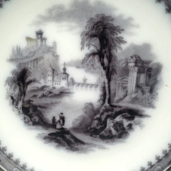 Antique Black Mulberry Transferware Rim Soup Bowl Vincennes John Alcock England