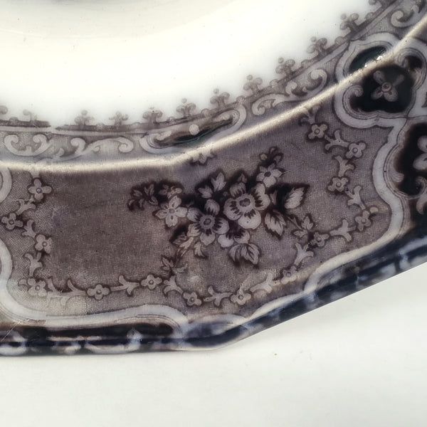 Antique Black Mulberry Transferware Rim Soup Bowl Vincennes John Alcock England