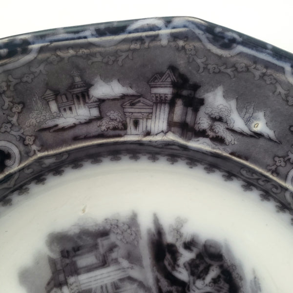 Antique Black Mulberry Transferware Rim Soup Bowl Vincennes John Alcock England