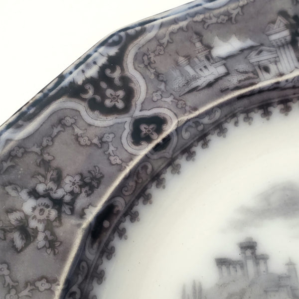 Antique Black Mulberry Transferware Rim Soup Bowl Vincennes John Alcock England