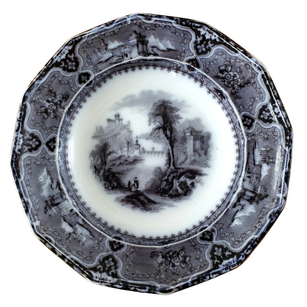 Antique Black Mulberry Transferware Rim Soup Bowl Vincennes John Alcock England