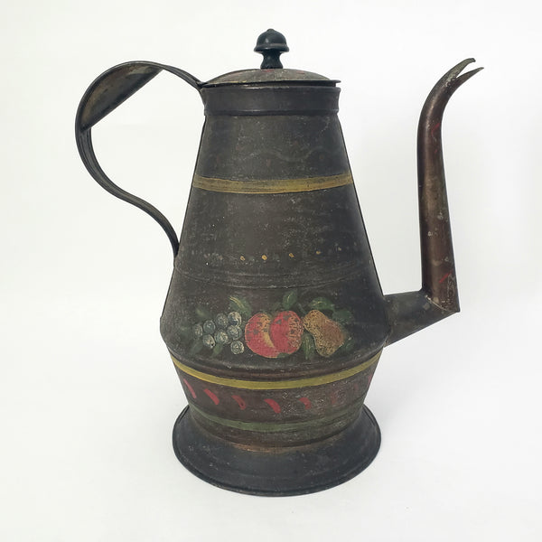 Antique American Tin Toleware Decorated Coffee Pot Gooseneck Spout
