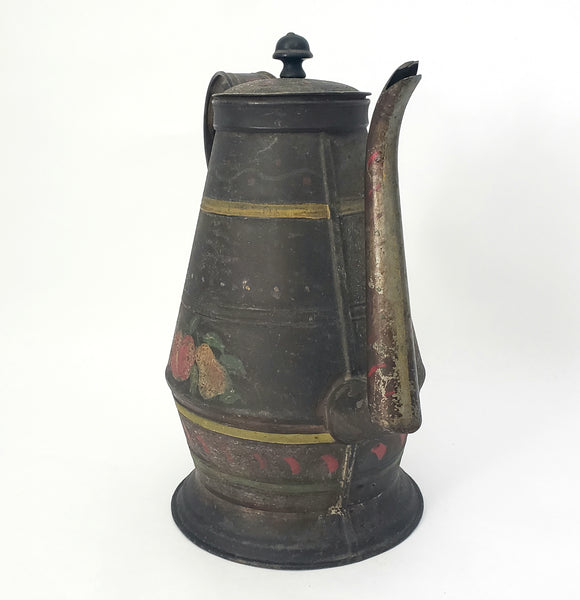 Antique American Tin Toleware Decorated Coffee Pot Gooseneck Spout