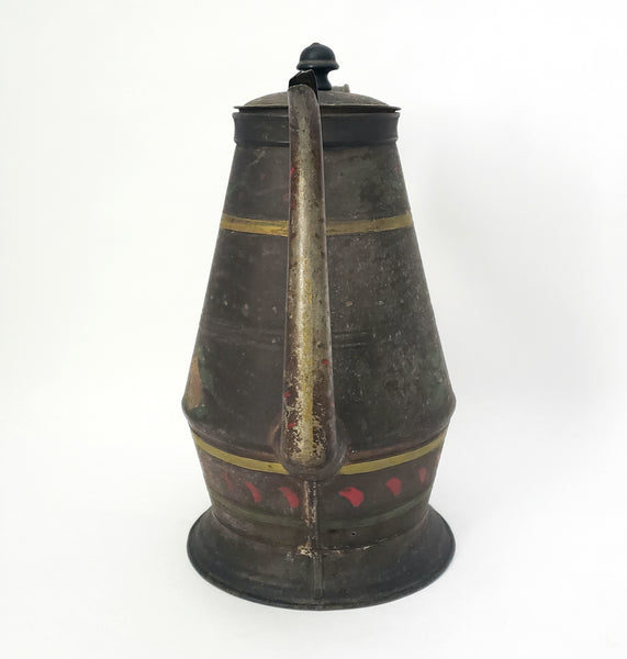 Antique American Tin Toleware Decorated Coffee Pot Gooseneck Spout