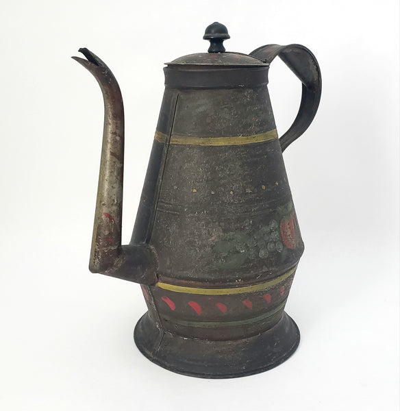 Antique American Tin Toleware Decorated Coffee Pot Gooseneck Spout