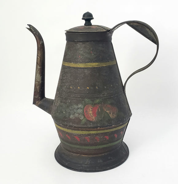 Antique American Tin Toleware Decorated Coffee Pot Gooseneck Spout
