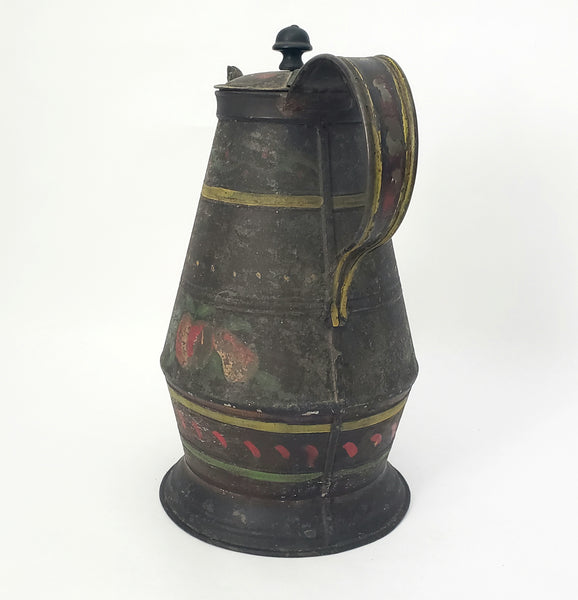 Antique American Tin Toleware Decorated Coffee Pot Gooseneck Spout