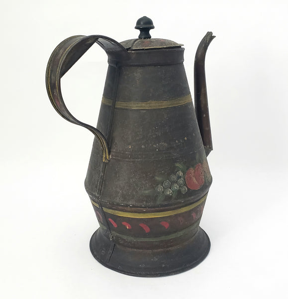 Antique American Tin Toleware Decorated Coffee Pot Gooseneck Spout