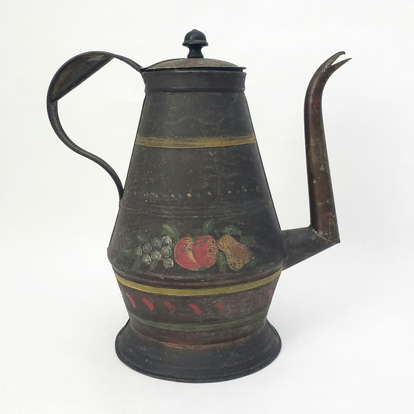 Antique American Tin Toleware Decorated Coffee Pot Gooseneck Spout