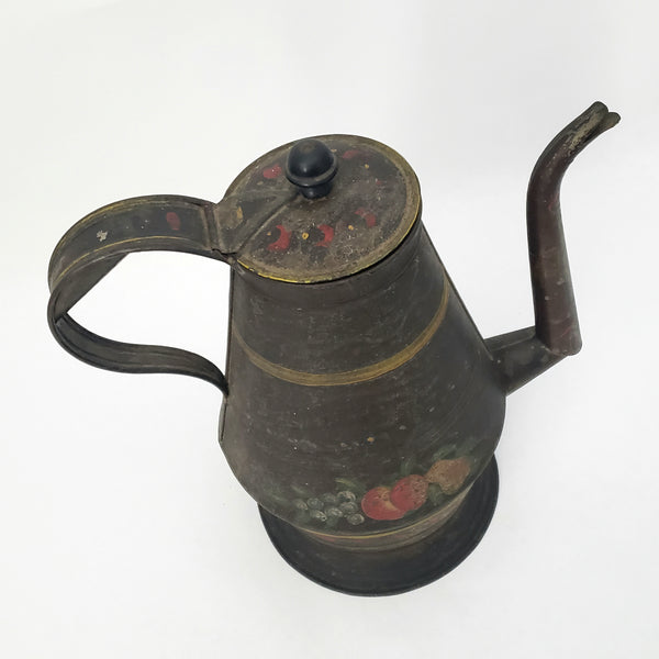 Antique American Tin Toleware Decorated Coffee Pot Gooseneck Spout