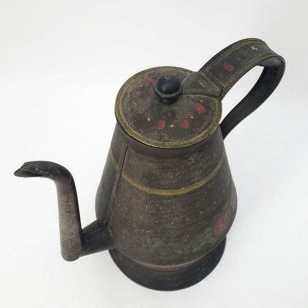 Antique American Tin Toleware Decorated Coffee Pot Gooseneck Spout