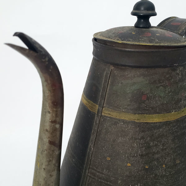 Antique American Tin Toleware Decorated Coffee Pot Gooseneck Spout
