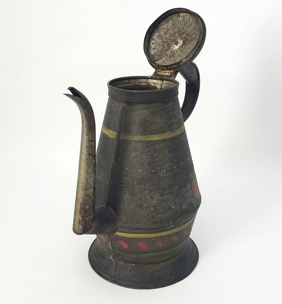 Antique American Tin Toleware Decorated Coffee Pot Gooseneck Spout