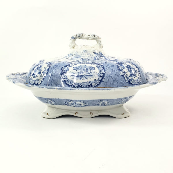 Antique Oval Blue Transfer Ware Covered Serving Bowl ORIENTAL by Ridgway England