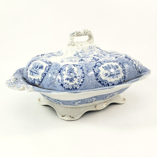 Antique Oval Blue Transfer Ware Covered Serving Bowl ORIENTAL by Ridgway England