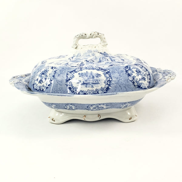 Antique Oval Blue Transfer Ware Covered Serving Bowl ORIENTAL by Ridgway England