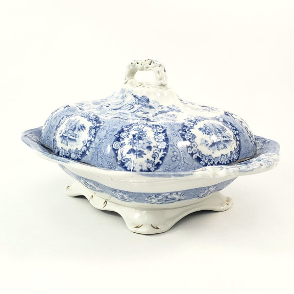 Antique Oval Blue Transfer Ware Covered Serving Bowl ORIENTAL by Ridgway England