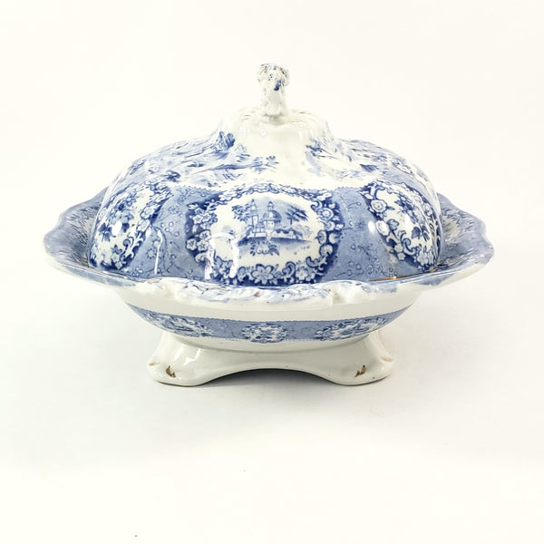 Antique Oval Blue Transfer Ware Covered Serving Bowl ORIENTAL by Ridgway England