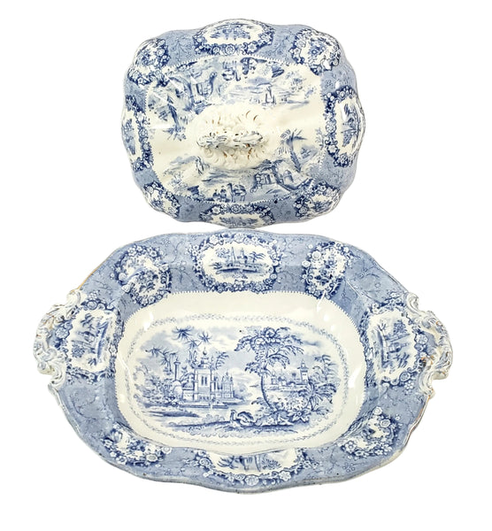 Antique Oval Blue Transfer Ware Covered Serving Bowl ORIENTAL by Ridgway England