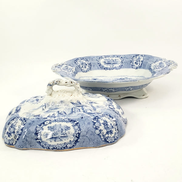 Antique Oval Blue Transfer Ware Covered Serving Bowl ORIENTAL by Ridgway England