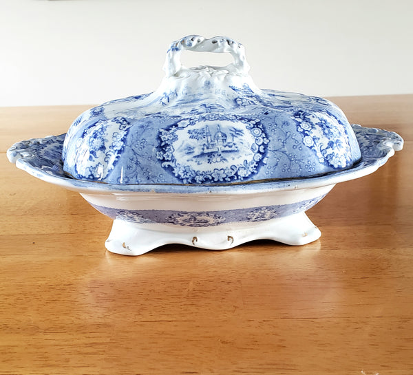 Antique Oval Blue Transfer Ware Covered Serving Bowl ORIENTAL by Ridgway England
