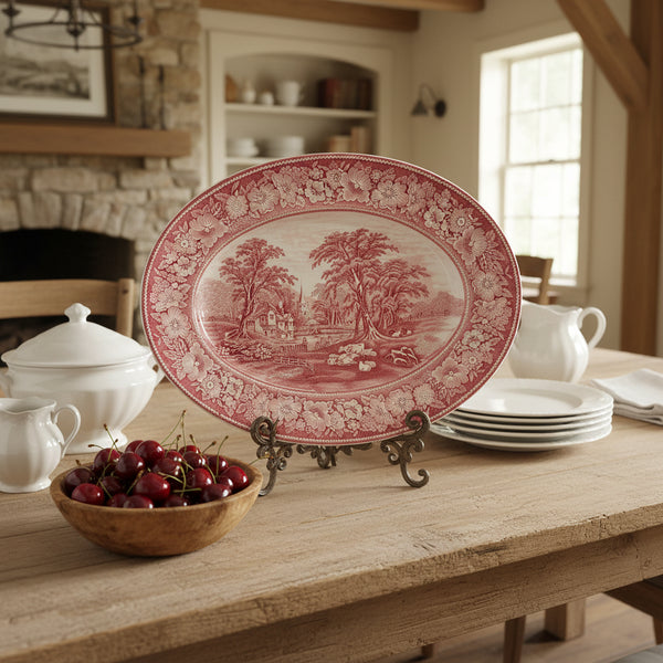 Large English Red Transferware Oval Platter 20" Rural England WR MIDWINTER LTD