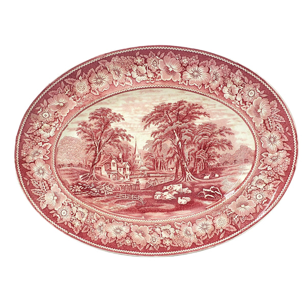 Large English Red Transferware Oval Platter 20" Rural England WR MIDWINTER LTD