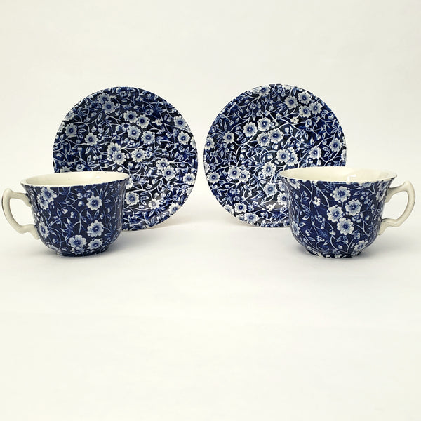 Vintage BLUE CALICO Tea Cup and Saucer Set of 2 Staffordshire England