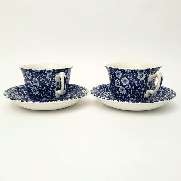 Vintage BLUE CALICO Tea Cup and Saucer Set of 2 Staffordshire England