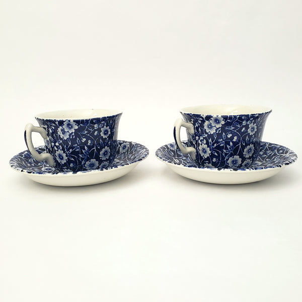Vintage BLUE CALICO Tea Cup and Saucer Set of 2 Staffordshire England
