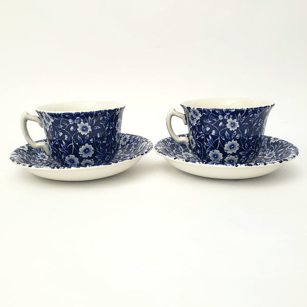 Vintage BLUE CALICO Tea Cup and Saucer Set of 2 Staffordshire England