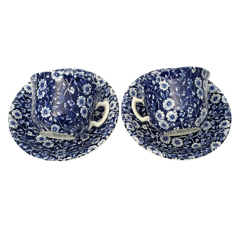 Vintage BLUE CALICO Tea Cup and Saucer Set of 2 Burleigh Staffordshire England