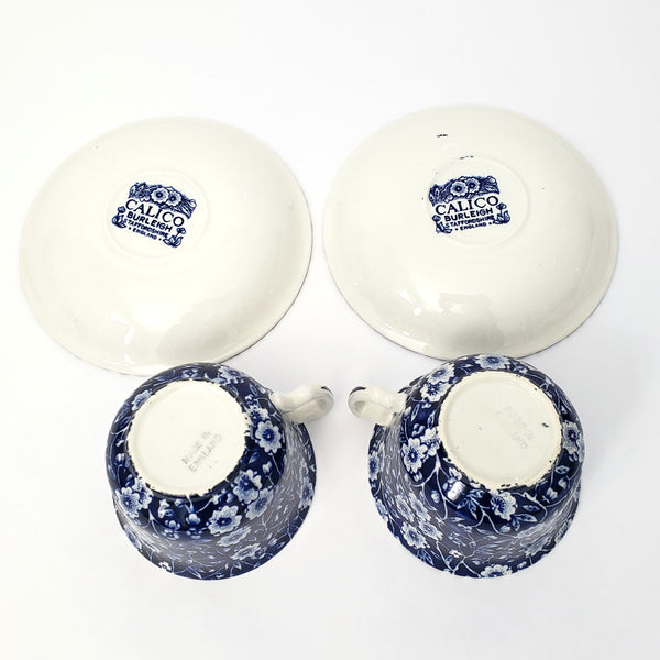 Vintage BLUE CALICO Tea Cup and Saucer Set of 2 Staffordshire England