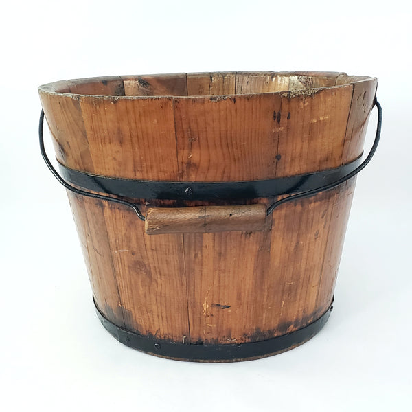 Vintage Rustic Wooden Bucket Pail with Bail Handle Wood Grip