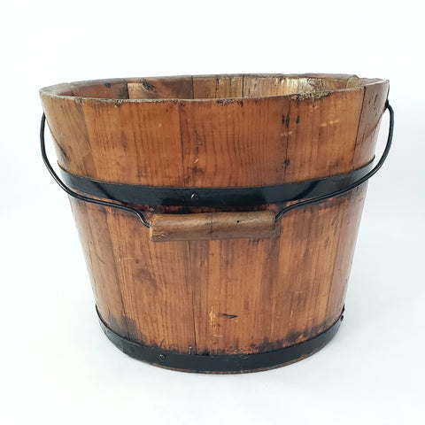 Vintage Rustic Wooden Bucket Pail with Bail Handle Wood Grip