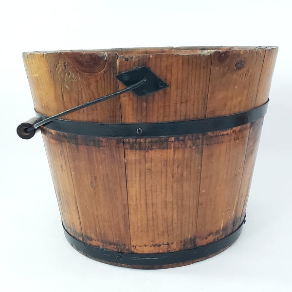 Vintage Rustic Wooden Bucket Pail with Bail Handle Wood Grip