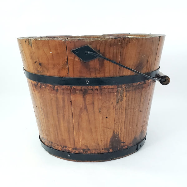 Vintage Rustic Wooden Bucket Pail with Bail Handle Wood Grip
